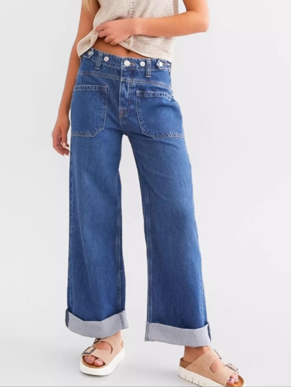 Free People Palmer Wide Leg Cotton Denim Blue Jeans Size 33